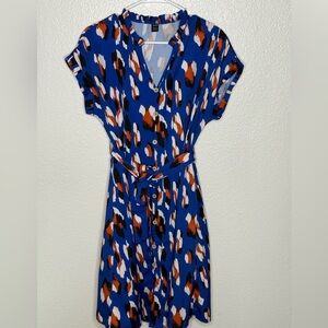 SHEIN Blue and Orange Animal Print Midi Dress with Tie at Waist Size Small